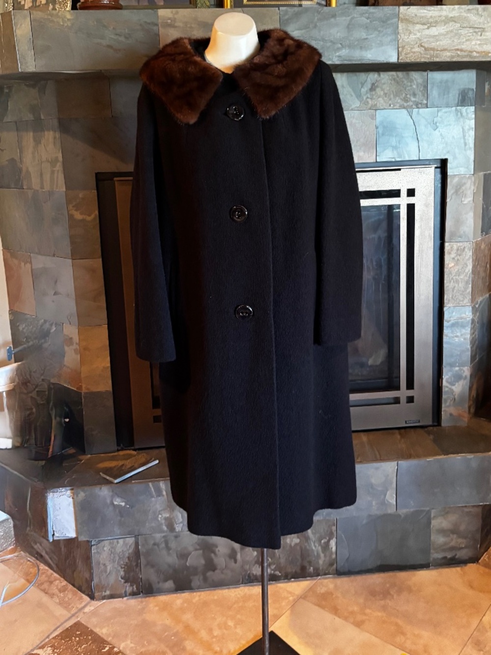 50s Old Money Rothmoor Black Boucle Brown Mink Collar Coat L-XL